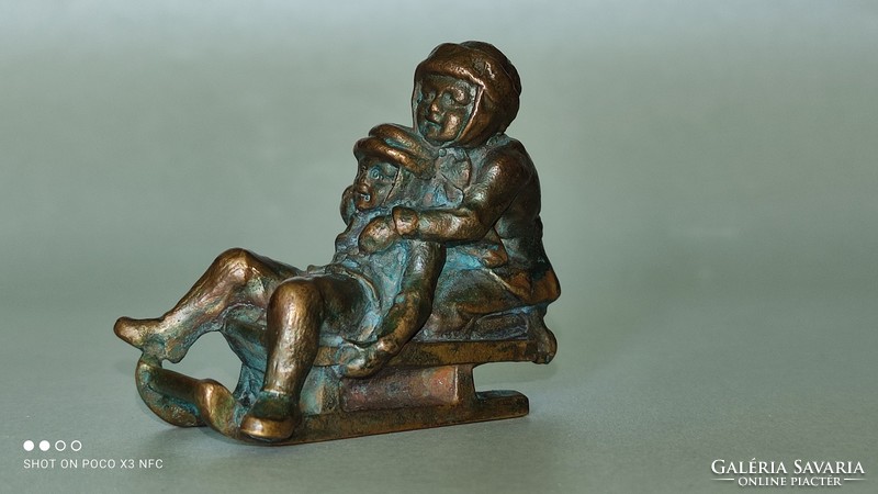 Antique Viennese Bronze - Marked PBW Petri Bronze in Vienna - Sledding Boys Statue Flawless Original Rarity