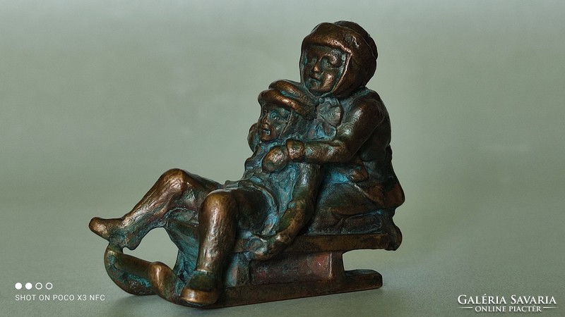 Antique Viennese Bronze - Marked PBW Petri Bronze in Vienna - Sledding Boys Statue Flawless Original Rarity