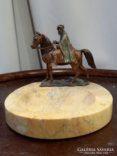 Marble ashtray with painted bronze figure