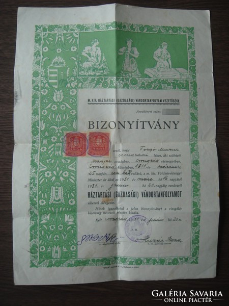Régi irat dokumentum 1931 magyar királyi háztatrási tanfolyam bizonyítvány