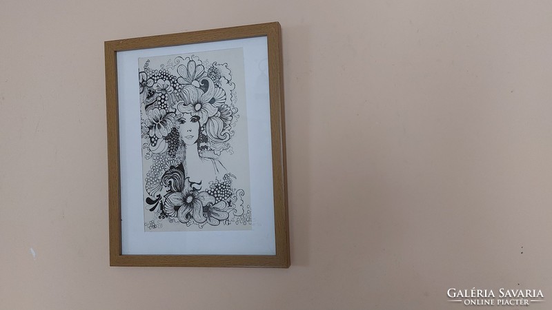 (K) beautiful ink drawing with kg signature with 30x38 cm frame