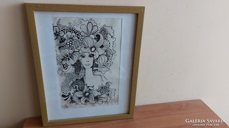 (K) beautiful ink drawing with kg signature with 30x38 cm frame