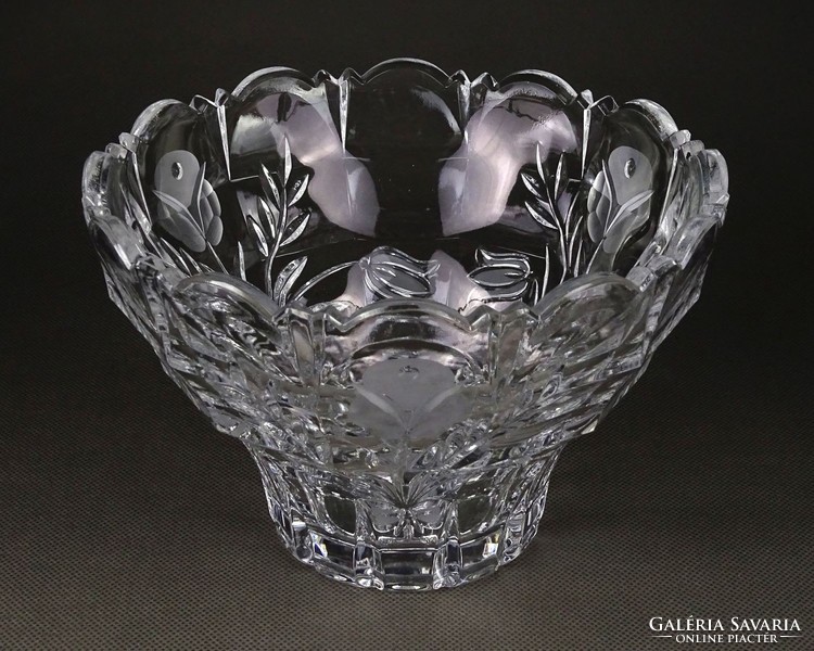 1I591 Nagyméretű csiszolt virágdíszes üveg asztalközép kínáló tál 12 x 17.5 cm