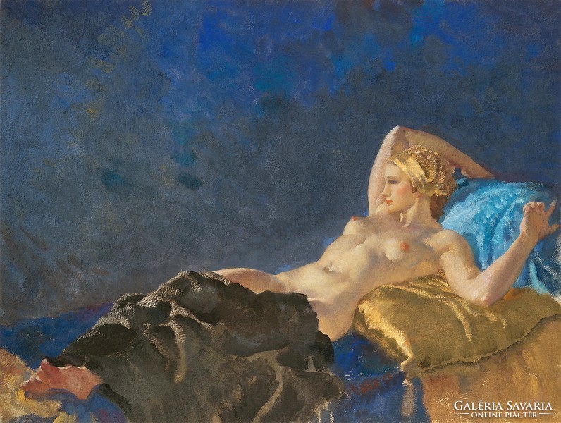 Lying female nude, blonde girl, blue background, watercolor art reprint erotic print