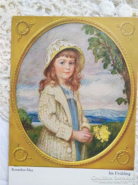 Antik német képeslap/művészlap, kislány kalapban, virággal 1910 körüli