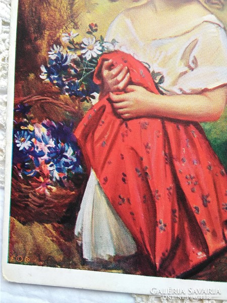 Gyönyörű antik képeslap/művészlap, kislány virágokkal, piros ruhával 1910-20 körüli