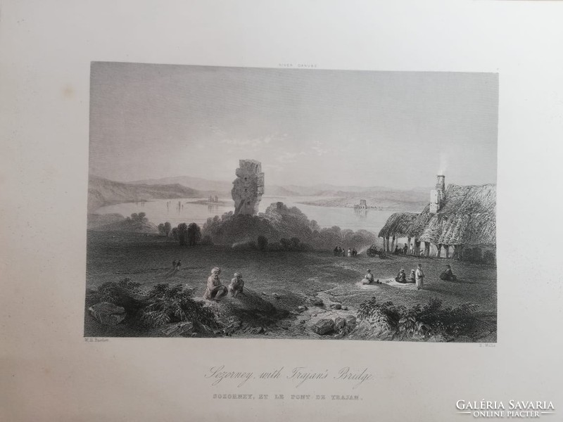 Old copper engraving with village scene