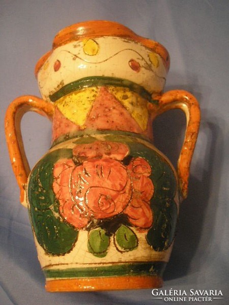 N3 Perényi Kata (grófnő) munkája. ??Antik majolika mázas kétfülű váza gyűjteményes ritkaság 16 cm-es