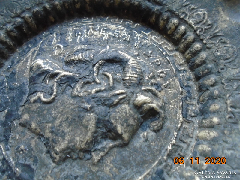 Bronze cast pan with goat deer profile, numbered found 360 g