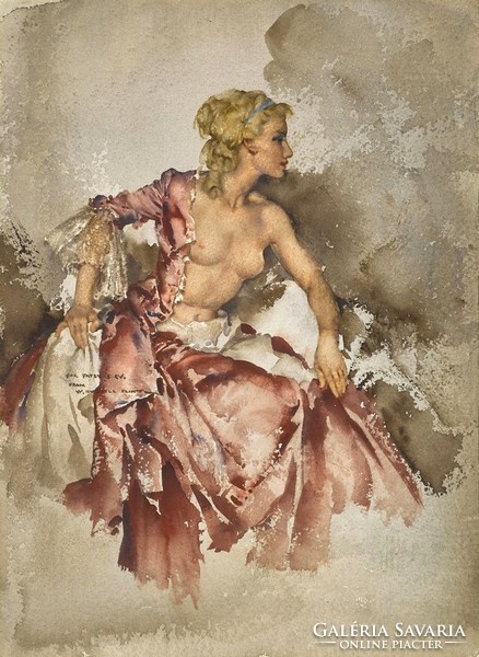 Ülő női akt, szőke lány, akvarellről készült művészeti reprint erotikus nyomat