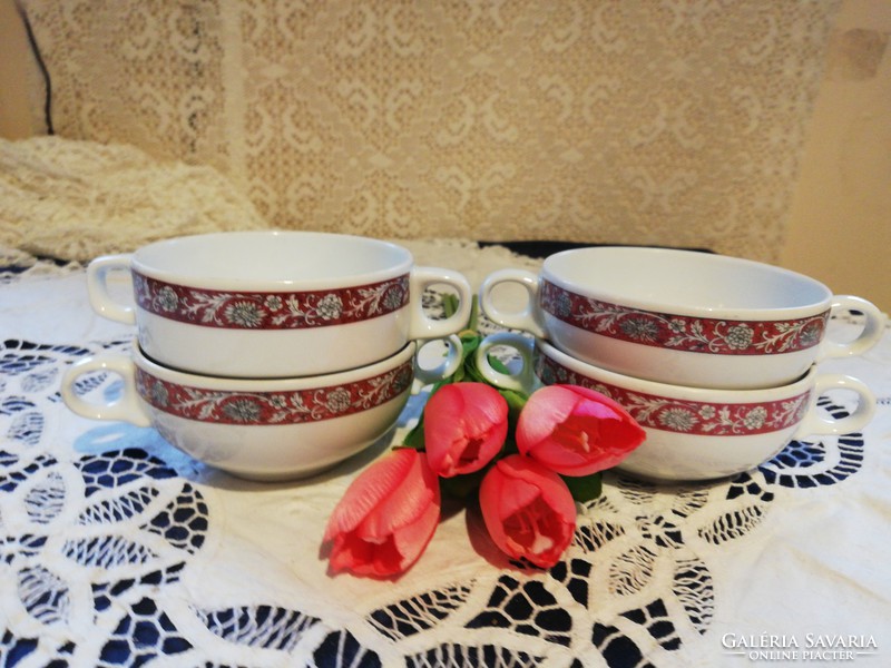 Old porcelain German bavaria soup cups with burgundy black flower pattern for sale.3 + 1 pc!
