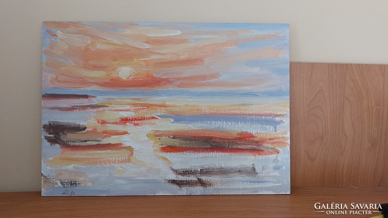 (K) marked sunset painting 40x29 cm. Canvas on fiberboard.