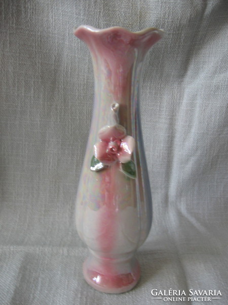Shabby chic romantikus  plasztikus rózsás lüszteres kék-rózsaszín kínai váza