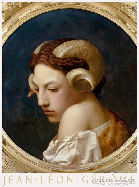 Jean-léon gérôme bacchante 1853 painting art poster, young woman portrait ram with horns gold