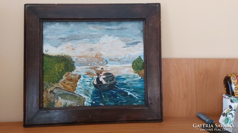 (K) old boat painting with frame 46x41 cm.