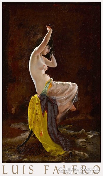 Luis Falero intimate moment 1873 painting art poster, female nude sitting on chair in half-yellow scarf