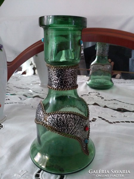 Green glass vase, decorated with stones, shisha 23 cm