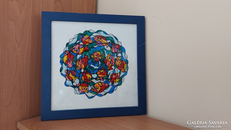 (K) abstract fish glass painting 29x29 cm with frame