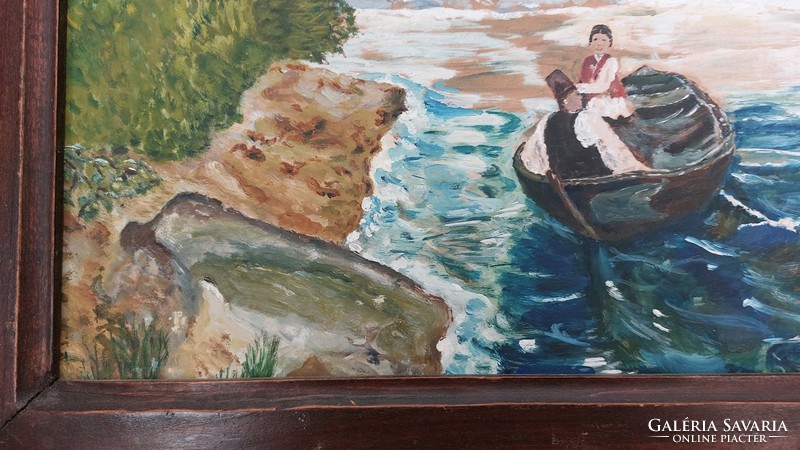 (K) Régi csónakos festmény 46x41 cm kerettel.