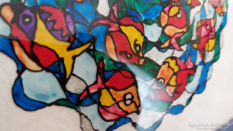 (K) Absztrakt halas üvegfestmény 29x29 cm kerettel