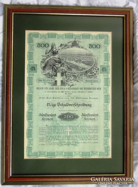 Antik értékpapír, jelzálogkölcsön, Bécs/Wien/ 1908, 500 koronáról.49,5 x 36,5, 35,5 x 24