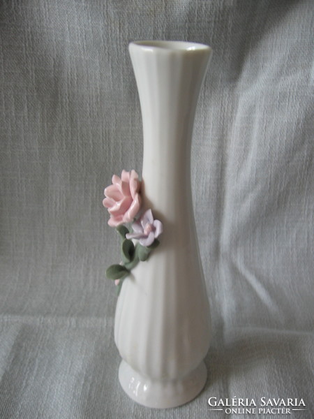 Shabby chic romantic, pink, plastic rose white, ribbed porcelain vase