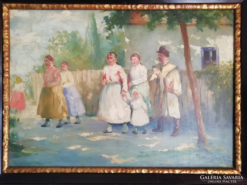 Kiss J. Zoltán: falusi életkép olaj, farost festmény, eredeti keretében, hibátlan 63 cm