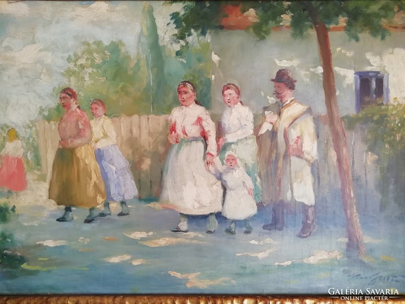 Kiss J. Zoltán: falusi életkép olaj, farost festmény, eredeti keretében, hibátlan 63 cm