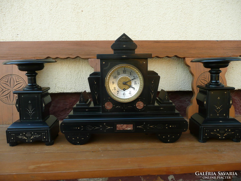 Action! Antique black marble fireplace clock set, with 2 candle holders, working!