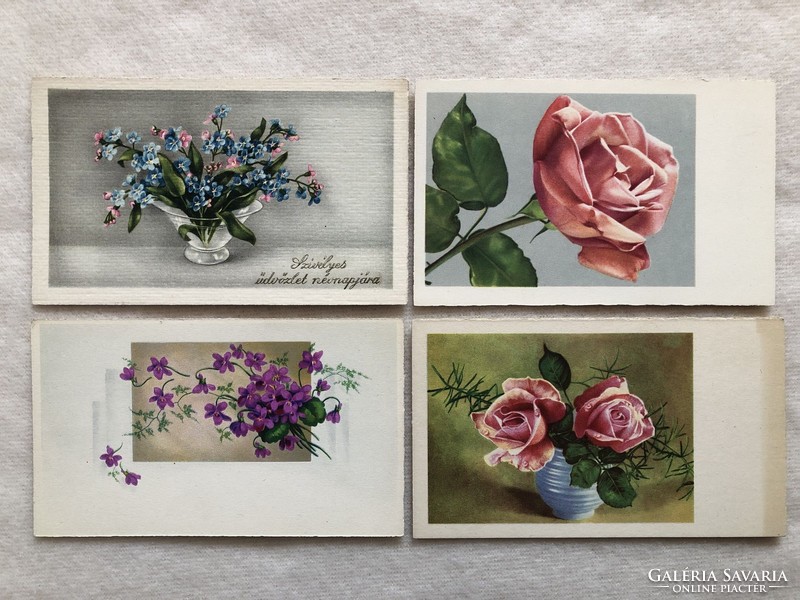 4 db   Antik  grafikus virágos mini képeslap, üdvözlőlap  -  postatiszta