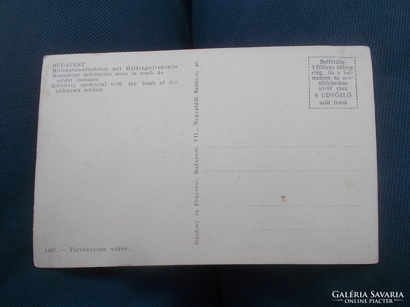 Régi képeslap 1930 as évek milleniumi emlékmű az ismeretlen hősők kövével