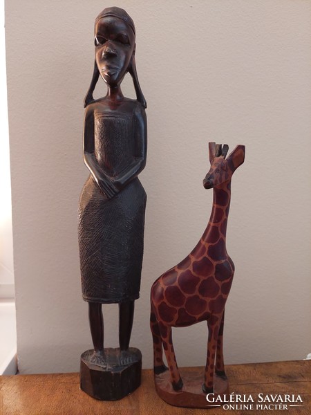Afrikai faszobor zsiráf és női szobor faragás 33 cm