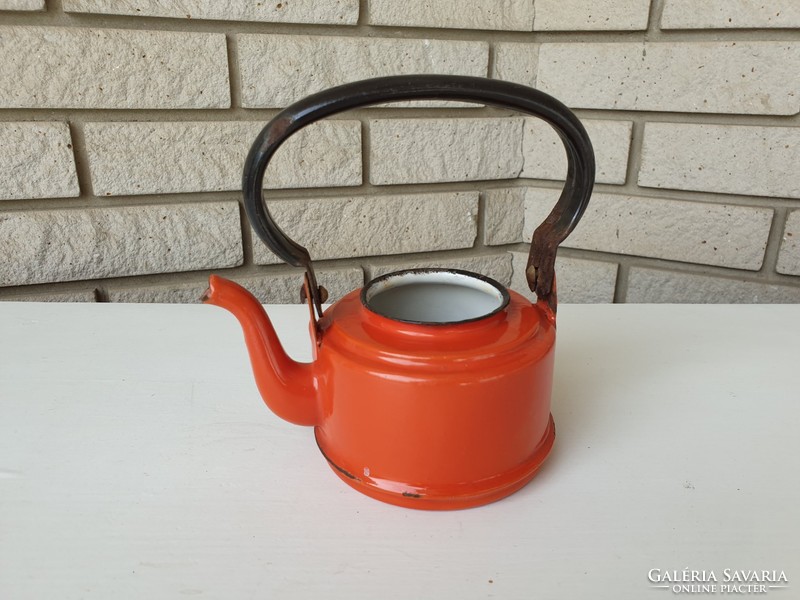 Enameled old vintage iron coffee pot with enameled small jug with crown coat of arms