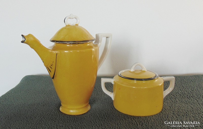 Old marked, special porcelain jug with bird-shaped spout and sugar bowl