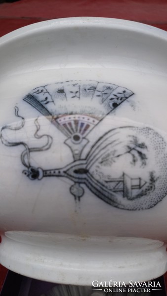 Antique marked petrus regout fan bedside pot (bowl) outside and inside painted curiosity 1892