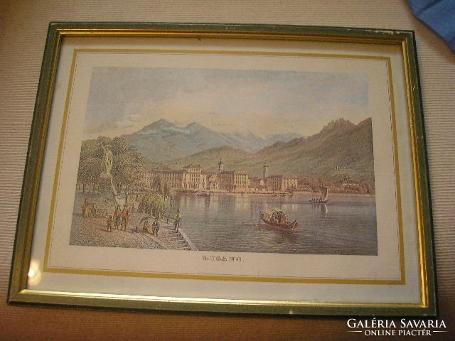 2pcs lugano + la madonna del sasso steel engraving antique picture in passe-part, glass frames in one