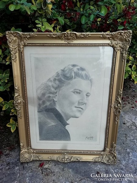Antik női ceruza portré 1954-ből szignózott blondel keretben