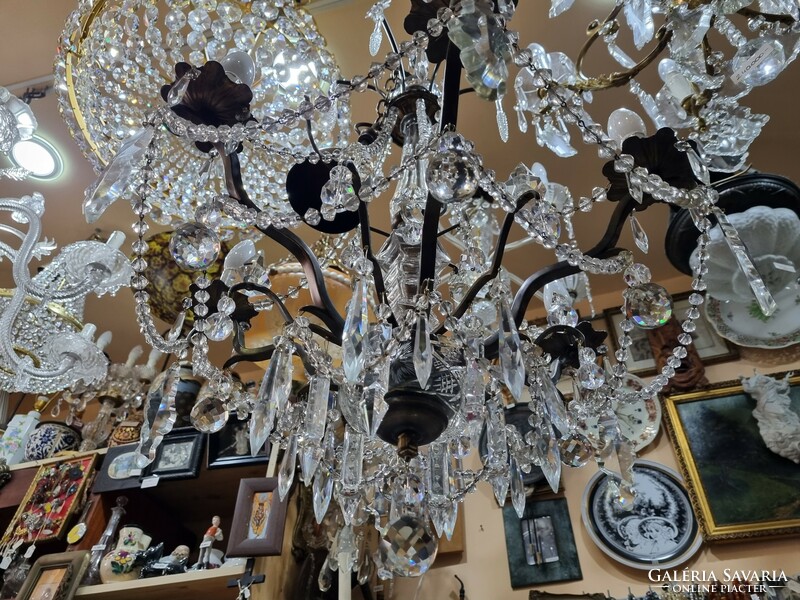 Old renovated crystal hanging copper chandelier