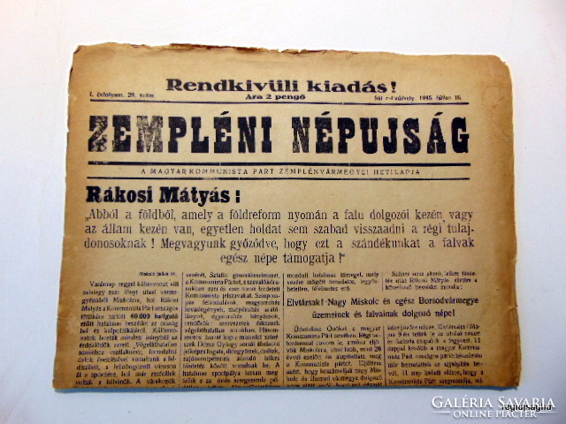 1945 July 16 / Zemplén folk newspaper / birthday !? Origin newspaper! No. 22200