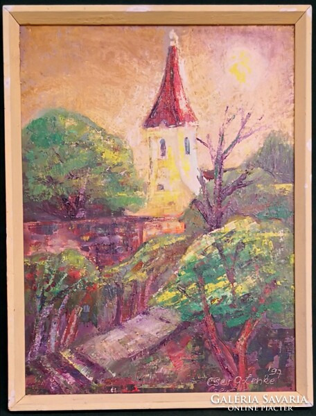 FK/202 - Cser G. Lenke – Alsóőrsi templom nyáron című festménye