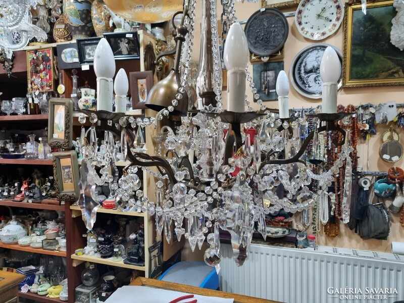 Old renovated crystal hanging copper chandelier