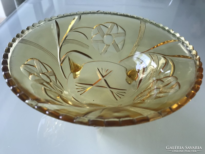 Antique amber three-legged glass serving bowl with flower pattern, 27 cm in diameter