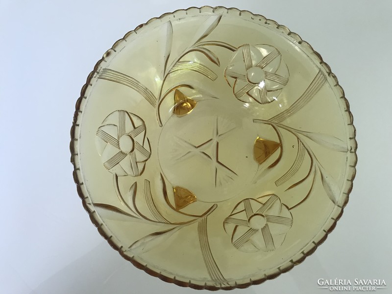 Antik, borostyánszínű, háromlábú üveg kínálótál szett virág pmintàval, 27 és 19 cm átmérő