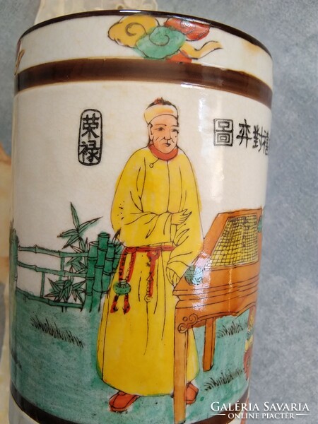 Antique xix. Century hand painted Chinese faience tea grass holder / container / vase