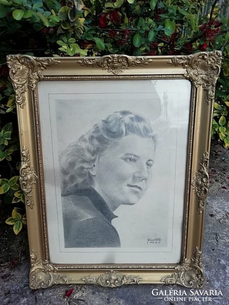 Antik női ceruza portré 1954-ből szignózott blondel keretben
