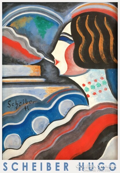 Scheiber Hugó Nő cigarettával, art deco művészeti plakát, portré