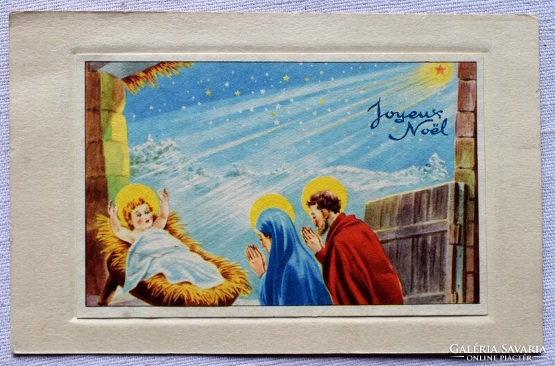 Vintage Karácsonyi grafikus üdvözlő képeslap Szentcsalád