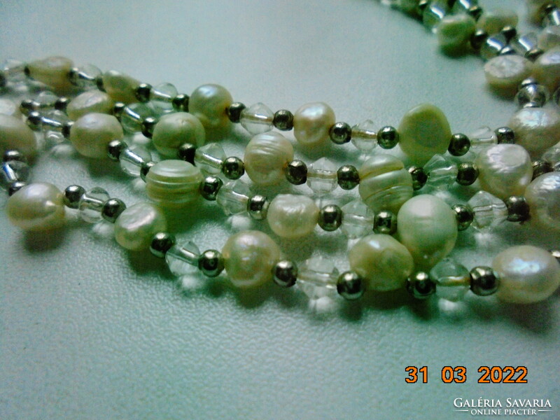 Long real pearl necklace with silver color and transparent intermediate beads