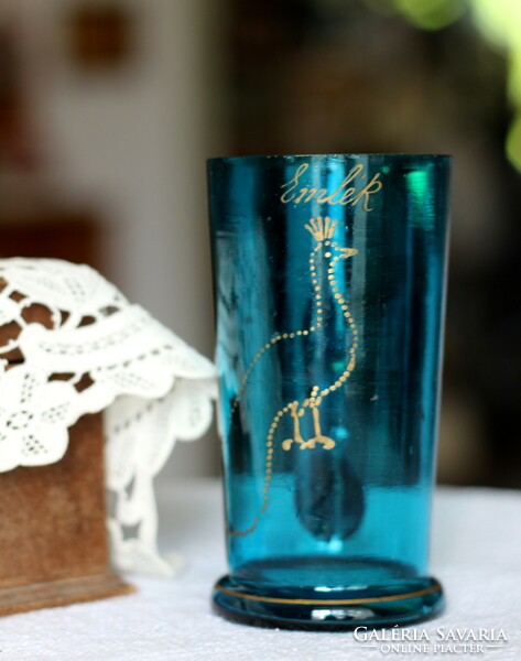 Antik, kék, fújt üveg emlék pohár