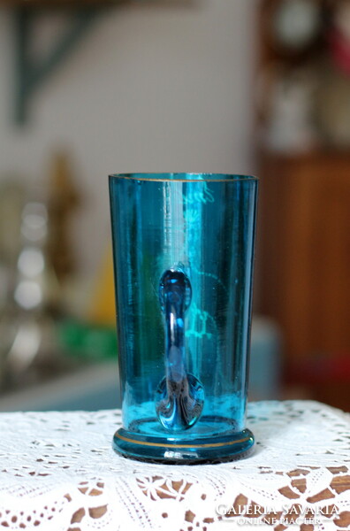 Antik, kék, fújt üveg emlék pohár